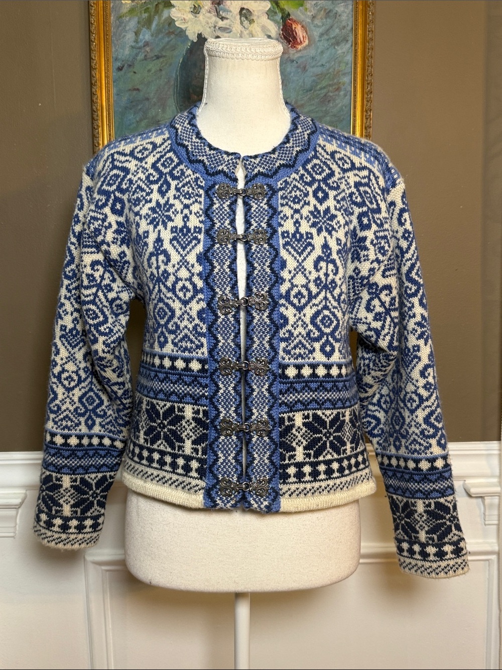 Windfjord Norway XS 100% Wool Nordic Fair Isle Lined Clasp Sweater Jacket